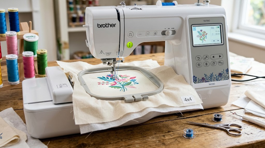 Embroidery machine stitching on fabric with stabilizer