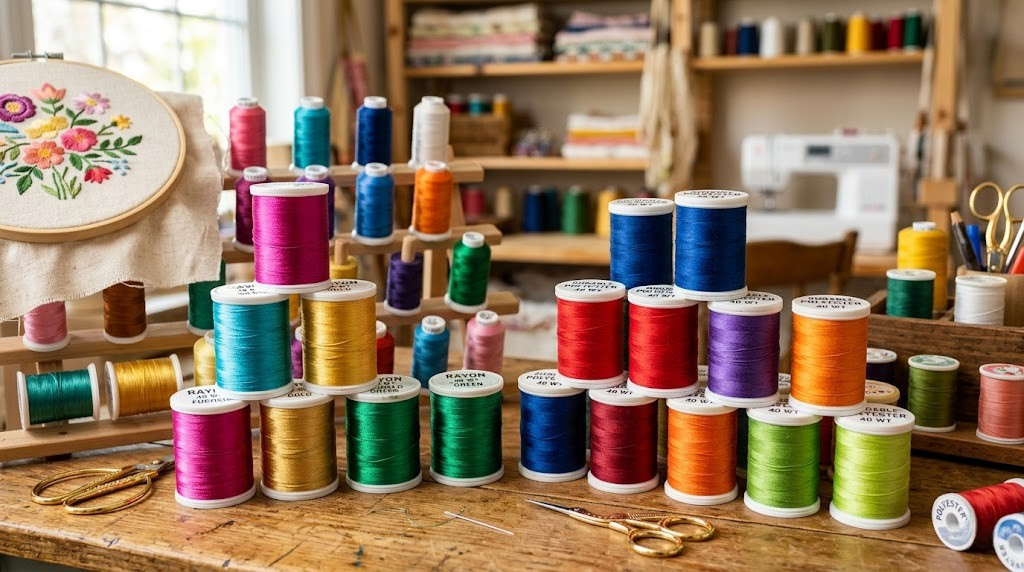 Spools of embroidery thread in rayon and polyester