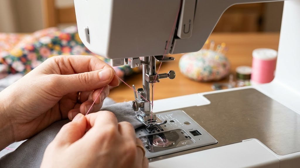 Threading a sewing machine — close-up of needle and thread guides
