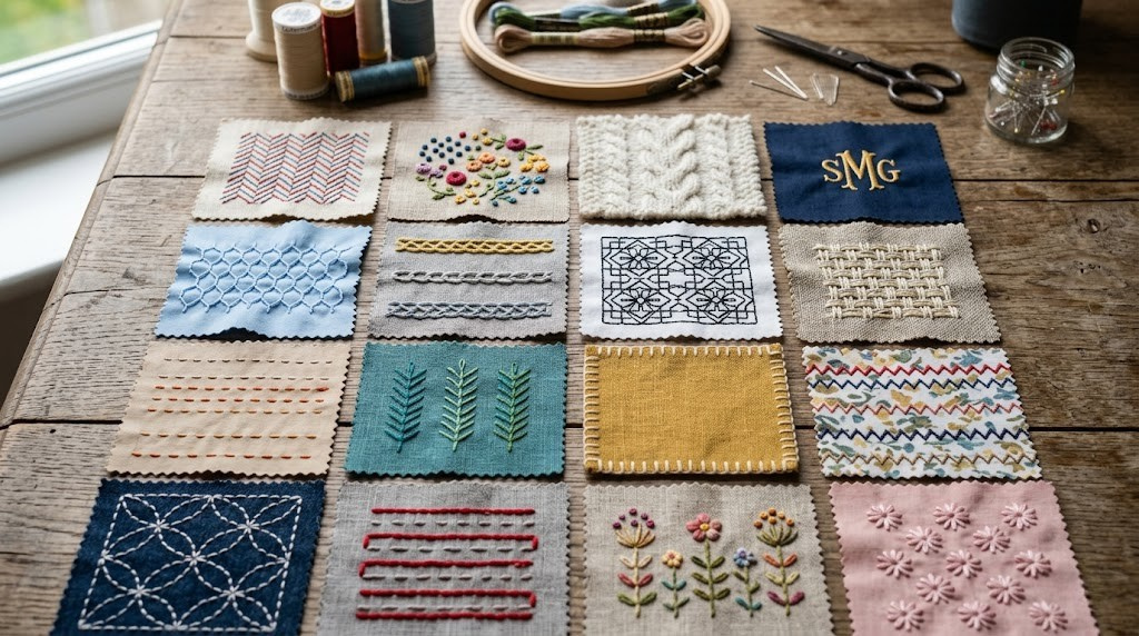 Variety of stitch patterns sewn on different fabric swatches displayed on a wooden table